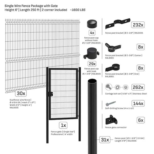 Single-Wire 250 ft. x 6 ft. Steel Flat Top Spaced Black Fence Panel Package with Gate (30-Pack)