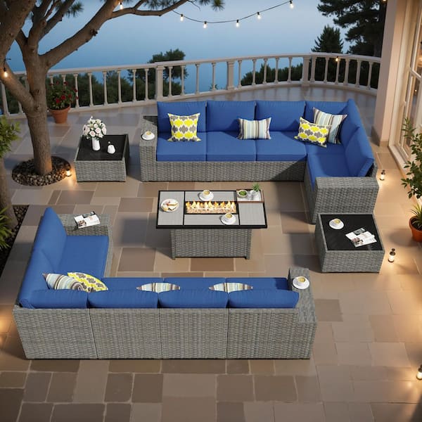 XIZZI Aestheticism 13-Pieces Wicker Outdoor Patio Rectangular Fire Pit Set with Navy Blue Cushions