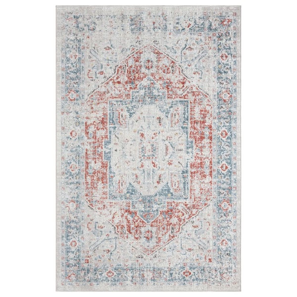 Anamica Classic/Traditional Medallion Blue/Rust 9 ft. x 12 ft. Durable Indoor/Outdoor Performance Area Rug