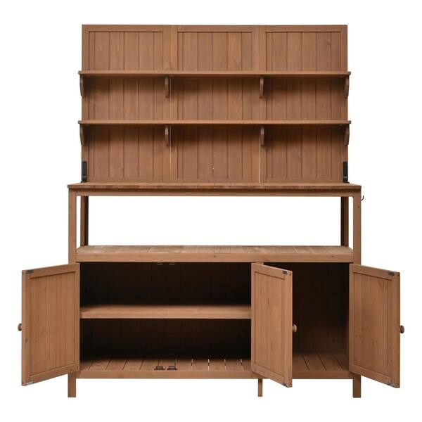 Unbranded 50.2 in. W x 65.4 in. H Brown Potting Benches with Hutch, Wood Garden Workstation 2 Shelves, 2 Cabinets and 3 Side Hooks