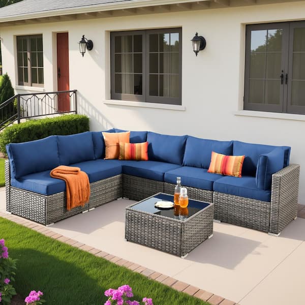 XIZZI Gemini 7-Piece Wicker Outdoor Sectional Set with Navy Blue