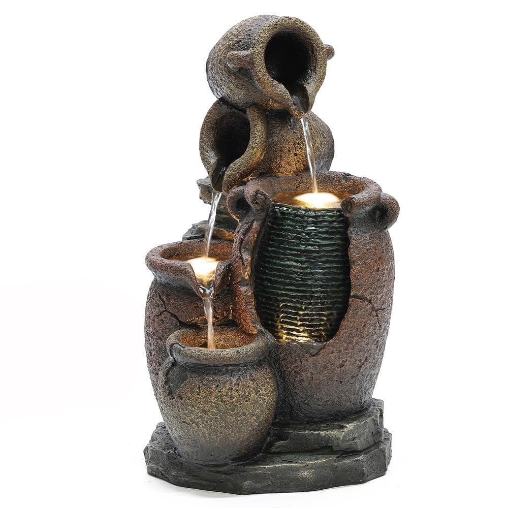 LuxenHome Rustic Brown Outdoor Polyresin Urn Fountain with LED Lights ...