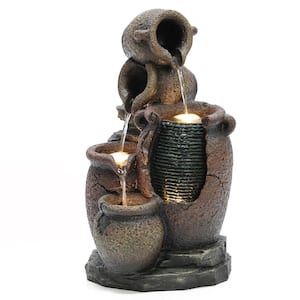 Rustic Brown Outdoor Polyresin Urn Fountain with LED Lights