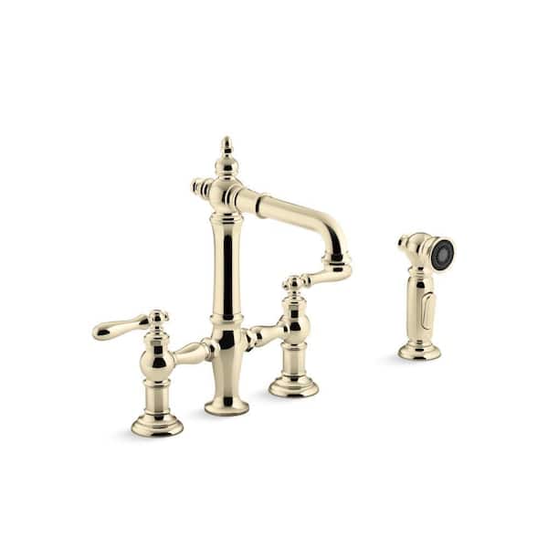 KOHLER Artifacts Double-Handle Surface Mount Bridge Kitchen Faucet in Vibrant French Gold