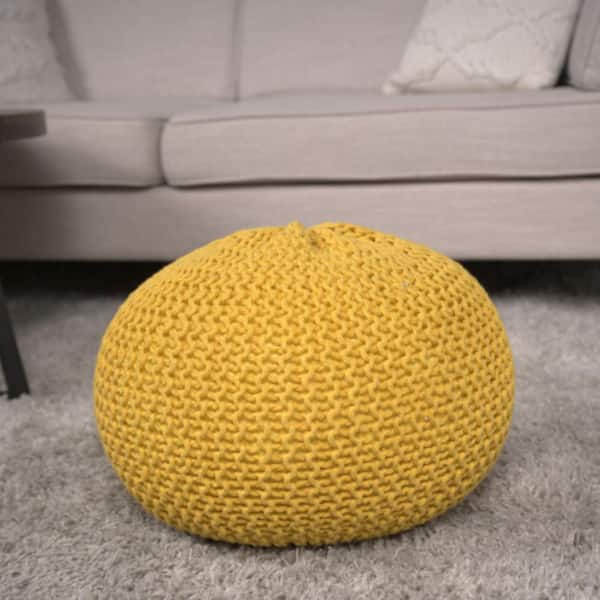 Bordeaux Knitted Cotton Round Pouf, Yellow, Versatile Ottoman and Floor Cushion