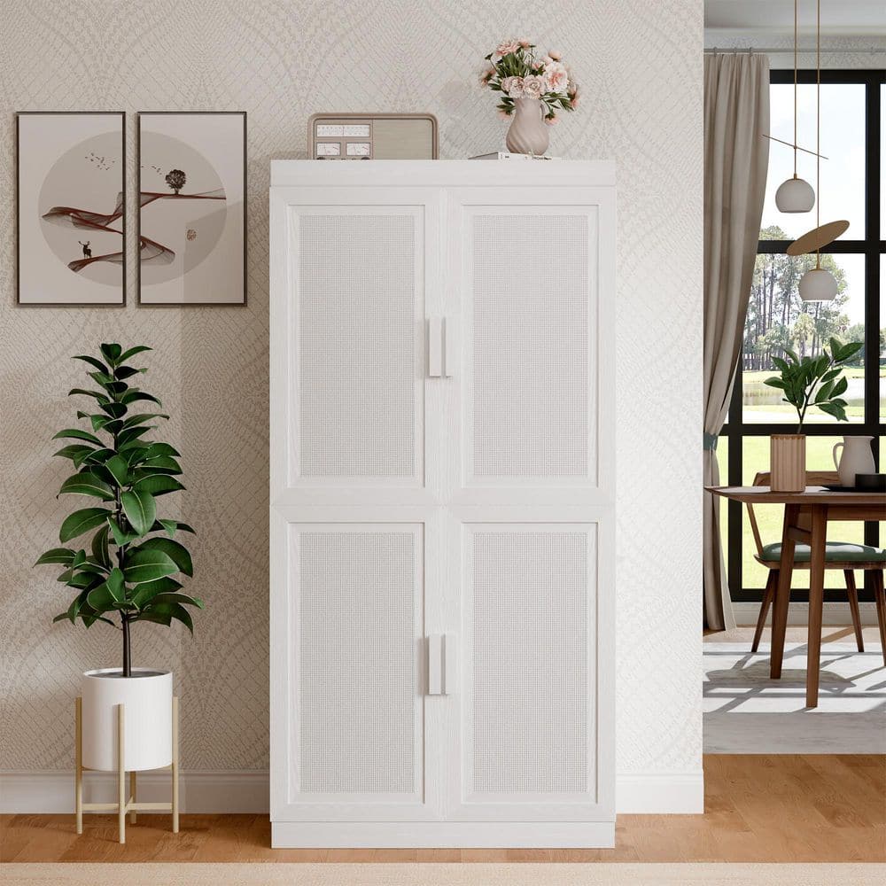 Solid Wood White 62 in. H Storage Cabinet with Adjustable Shelves and Rattan Doors price history on PriceWatchPro