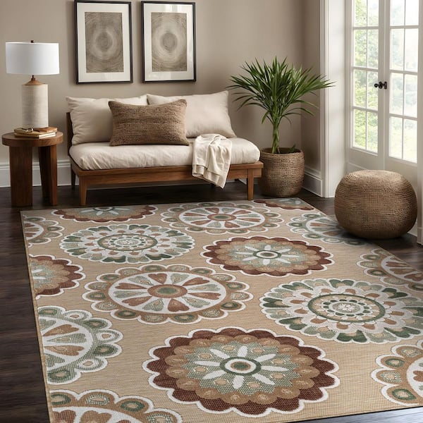 Mandala 6 ft. x 9 ft. Beige  Washable Bohemian Medallion Indoor Outdoor Area Rug