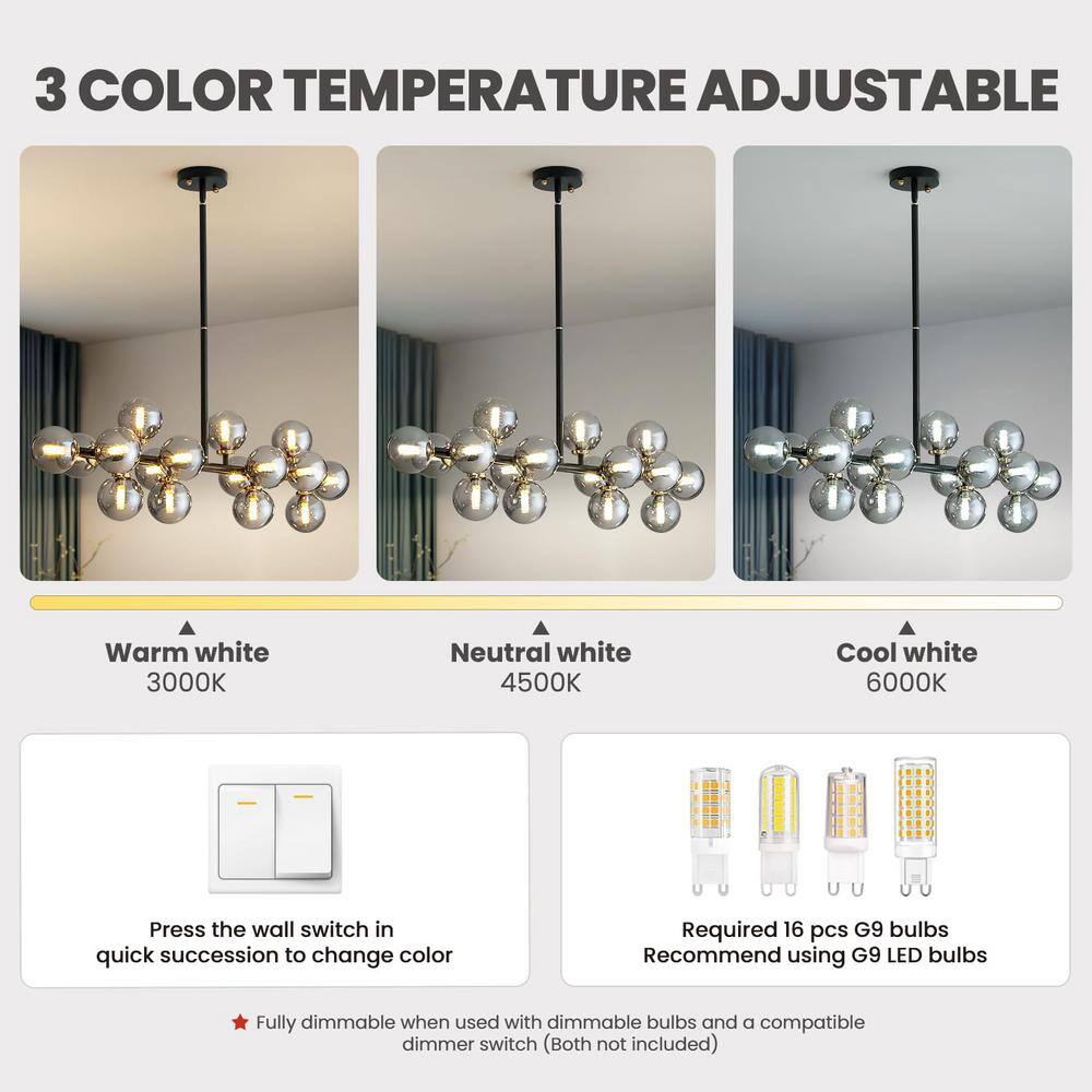 Gray Glass 16-Light Linear Sputnik Chandelier