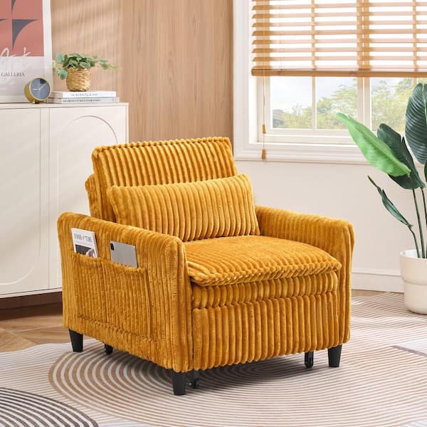 Unbranded Yellow Corduroy Arm Chair Sleeper Sofa Single Couch Sofa Bed With Pillow Single Couch Fold Out Bed with Side Storage Bag