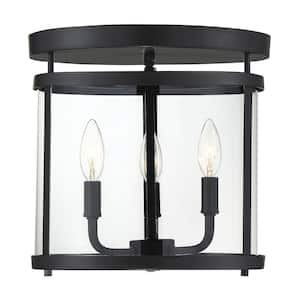 Penrose 12.5 in. W x 14 in. H 3-Light Black Semi-Flush Mount Ceiling Light with Clear Glass Cylindrical Shade