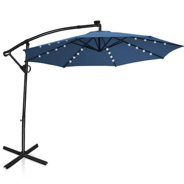 WELLFOR 10 ft. Aluminum Cantilever Solar Tilt Patio Umbrella in Blue with LED Lights and Stand