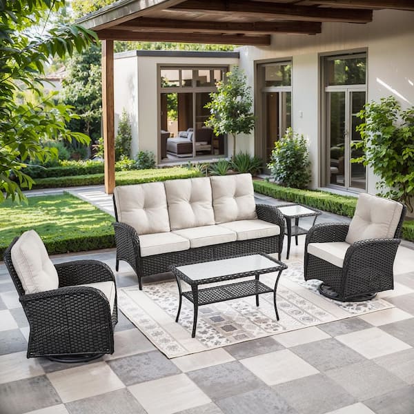 Black 5-Piece Wicker Patio Conversation Set with Swivel Rockers, Outdoor Sofa Seating Set with Olefin Beige Cushions