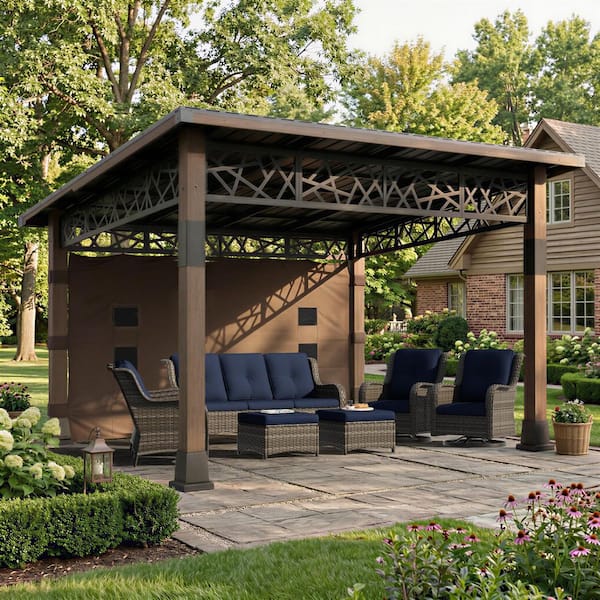 12 ft. x 14 ft. Wood Frame Outdoor Patio Hardtop Gazebo with Galvanized Steel Roof and Curtain with Storage Pockets