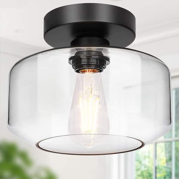 8.7 in. 1-Light Matte Black Industrial Semi Flush Mount Ceiling Light 800 Lumen LED Bulb Included