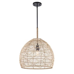 Reef 18 in. 1-Light Black Pendant Light Fixture with Woven Rattan Basket Shade