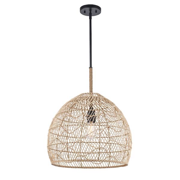 Bel Air Lighting Reef 18 in. 1-Light Black Pendant Light Fixture with Woven Rattan Basket Shade