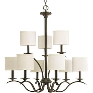 Inspire Collection 9-Light Antique Bronze Off-White Linen Shade Traditional Empire Chandelier Light