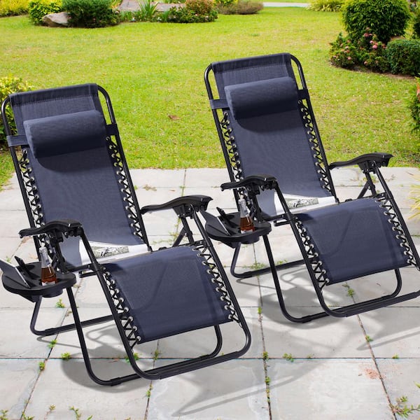 JOYESERY Navy Blue Zero Gravity Folding Chair Patio Recliner with Adjustable Headrest And Side Tray(Set of 2 Chairs)