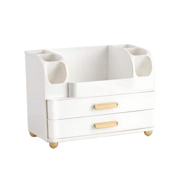 White Large Makeup Organizer with Brush Holder, Countertop Vanity Storage for Skincare Lipsticks Perfumes