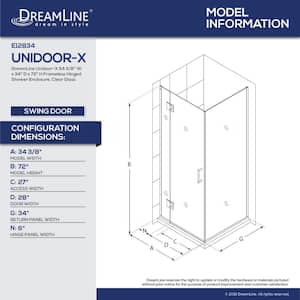 Unidoor-X 34-3/8 in. W x 34 in. D x 72 in. H Frameless Hinged Shower Enclosure in Brushed Nickel