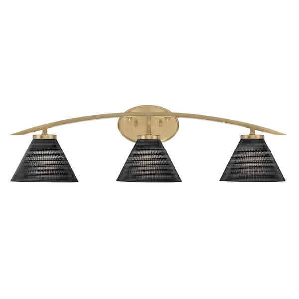 Unbranded Siena 29 in. 3-Light Vanity Light New Age Brass with Black Matrix Glass Shades
