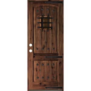 32 in. x 96 in. Mediterranean Knotty Alder Arch Top Red Mahogony Stain Right-Hand Inswing Wood Single Prehung Front Door