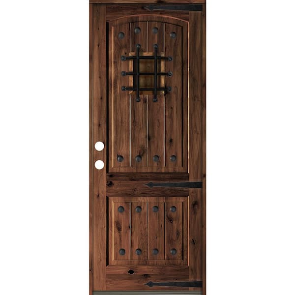 Krosswood Doors 32 in. x 96 in. Mediterranean Knotty Alder Arch Top Red Mahogony Stain Right-Hand Inswing Wood Single Prehung Front Door