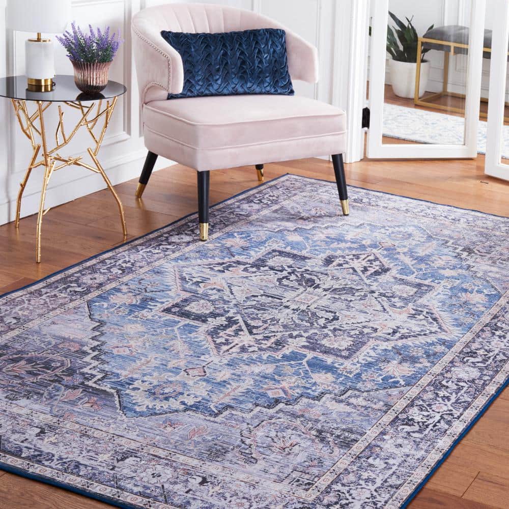8' x 10' Blue and Charcoal Washable Synthetic Area Rug
