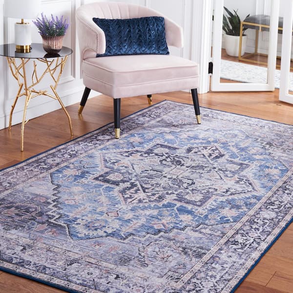 Tuscon Blue/Charcoal 8 ft. x 10 ft. Machine Washable Medallion Floral Border Area Rug