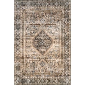 Devin Light Brown 9 ft. 6 in. x 13 ft. 6 in. Machine Washable Vintage Medallion Area Rug