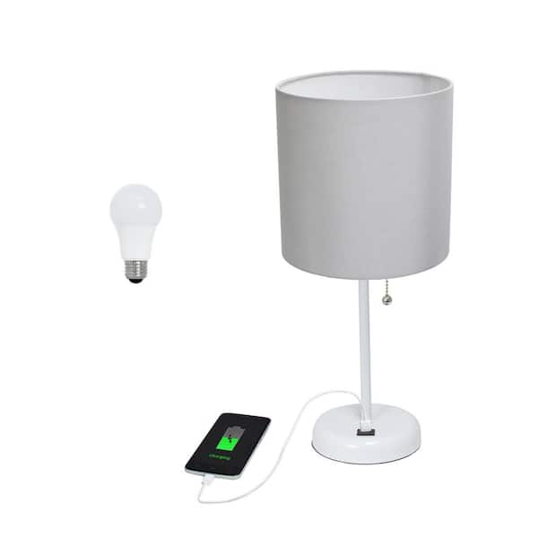 Creekwood home 19.5 in. Contemporary Bedside USB Port Base Standard Metal Table Desk Lamp in White, Gray Shade, with LED Bulb