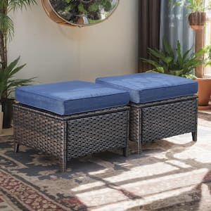 Carolina Brown Wicker Outdoor Patio Ottoman with Blue Cushions