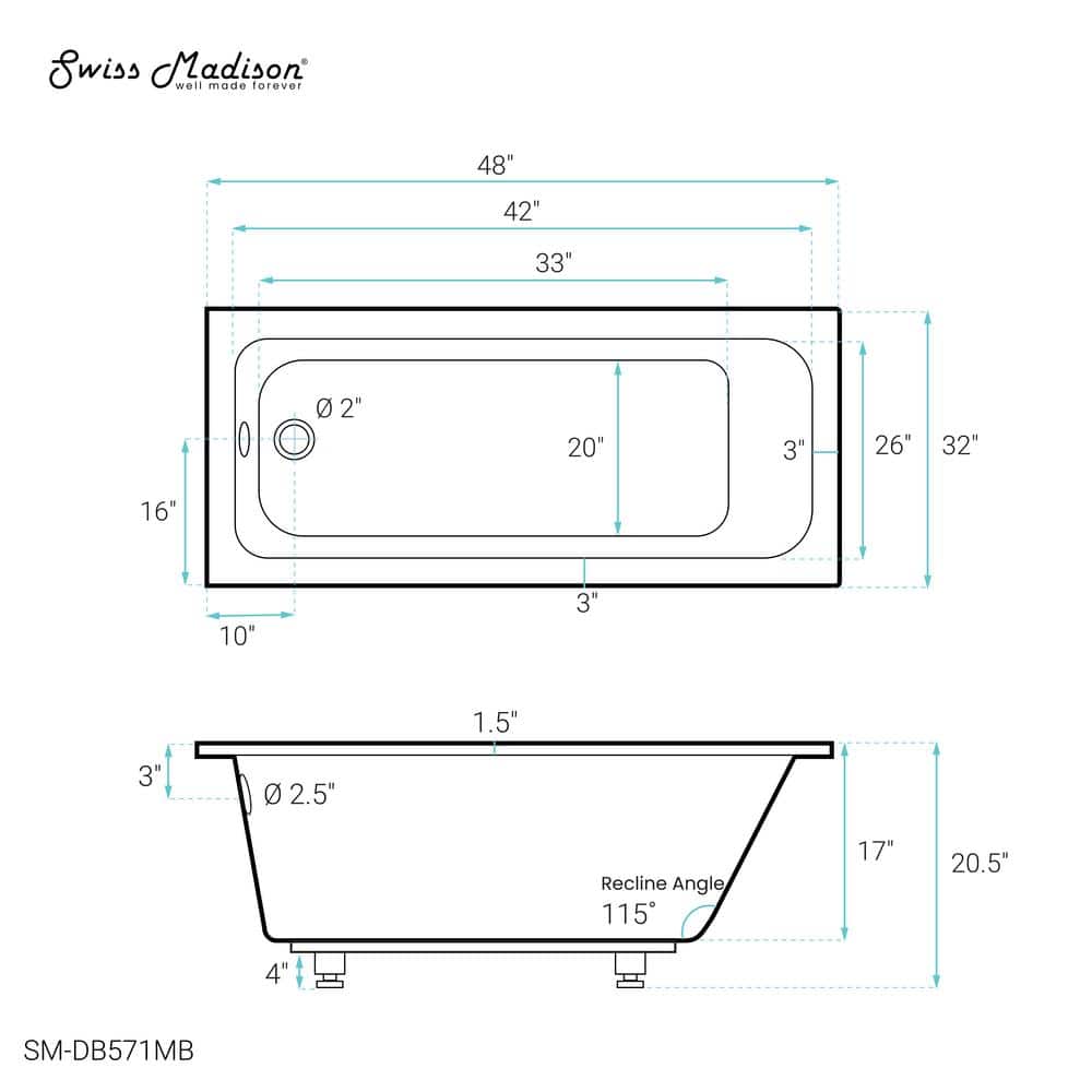 Matte Black Acrylic Drop-In Bathtub with Reversible Drain