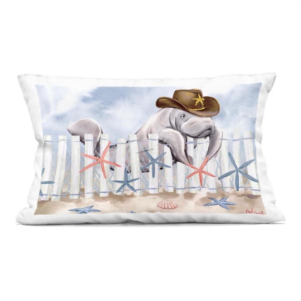 Stupell Industries Coastal Cowboy Manatee Multi-Color Print Polyester 14 in. x 20 in. Throw Pillow