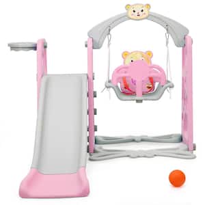 4-in-1 Toddler Climber and Swing Set with Basketball Hoop and Ball Pink