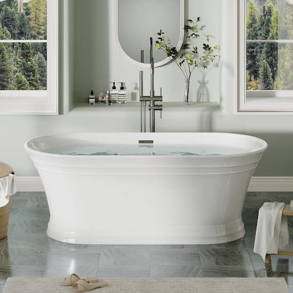 67 in. x 30.5 in. Freestanding Soaking Bathtub with Center Drain and Groove Overflow in White/Polished Chrome