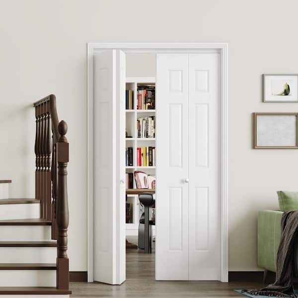 48 in. x 80 in. 6-Panel Textured MDF White Hollow Core Composite DIY Painted Bi-Fold Door with Hardware Kits