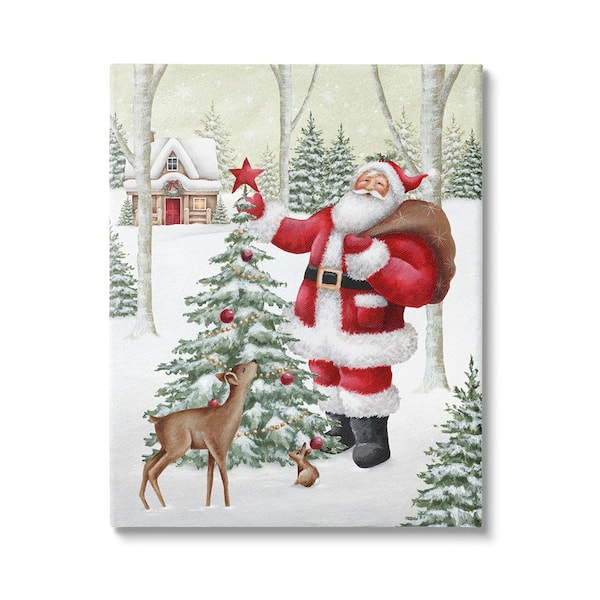 Stupell Industries Santa and Snowy Cabin by Emma Leach 1-Piece Unframed Graphic Print Nature Poster Art Print 30 in. x 24 in.