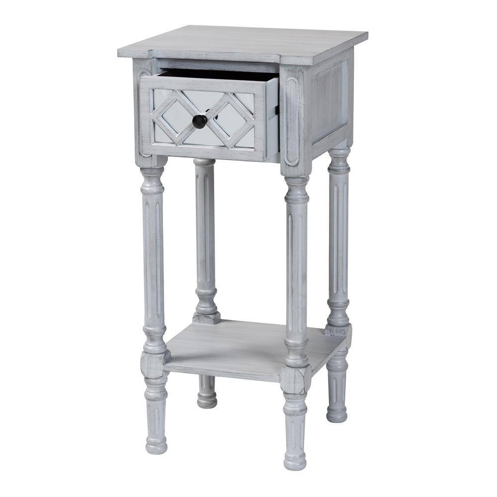 Gray Wood Accent Table with Mirrored Drawer and Storage Shelf