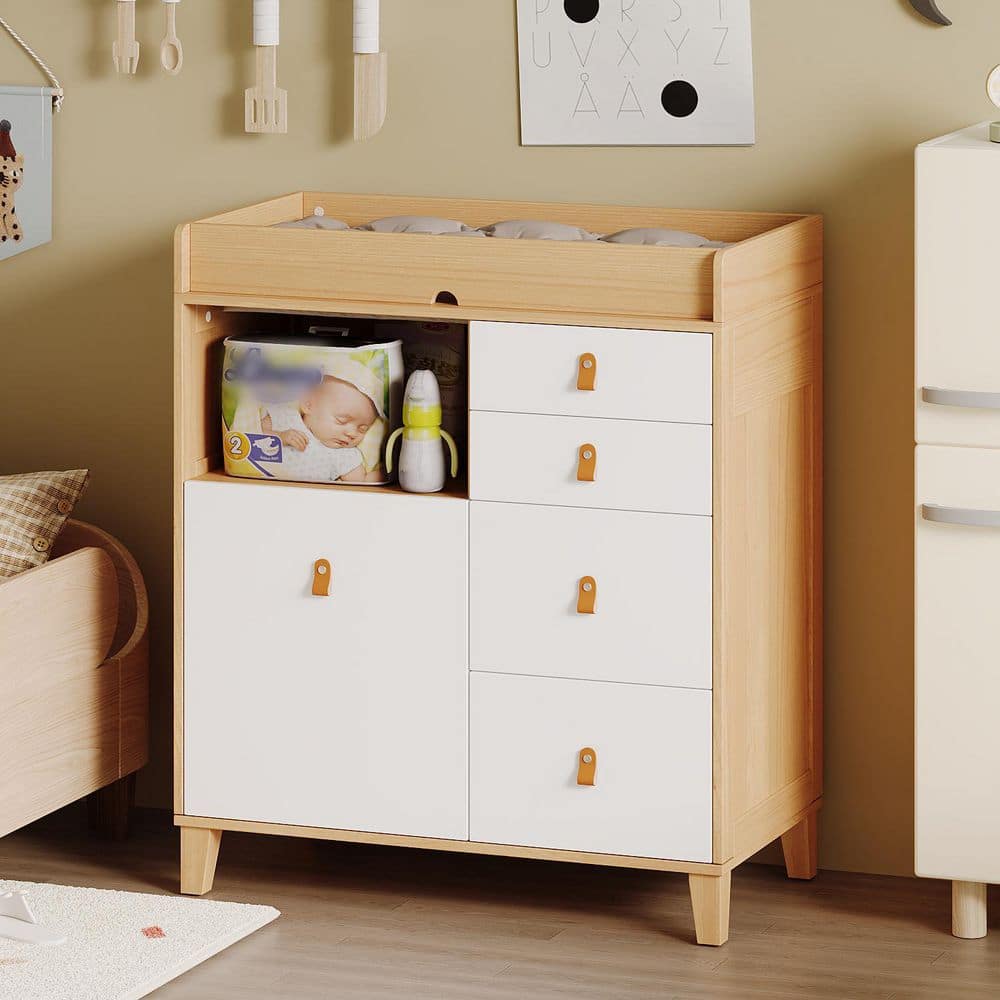 33.5 in. W Natural Wood and White Changing Table Dresser with Drawers, Cabinet, Open Shelf, Raised Edge and Anti-Tip Kit