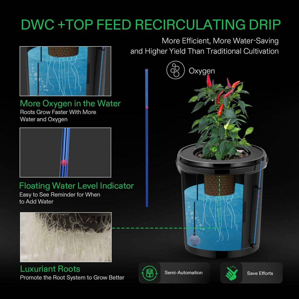 Black 5-Gallon Deep Water Culture Hydroponic System with Air Pump