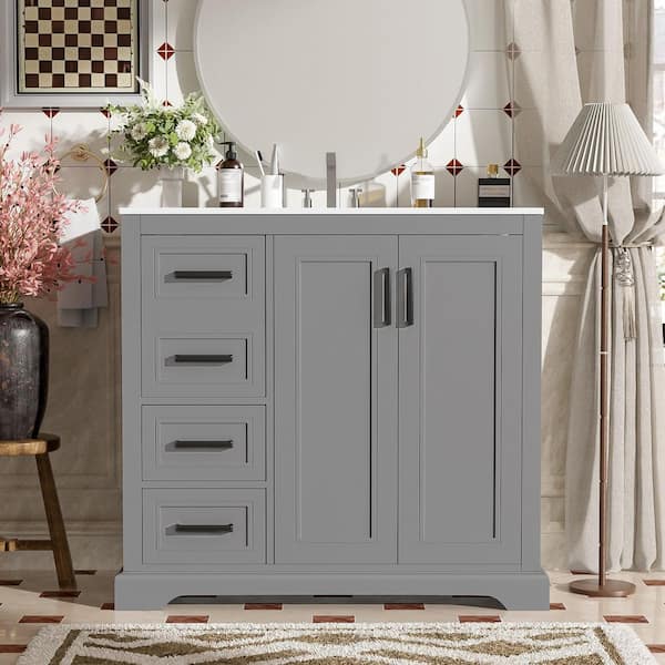 36 in. Freestanding Gray Bath Vanity with White Ceramic Top and 3 Drawers Bathroom Door Storage Cabinet Unassembled