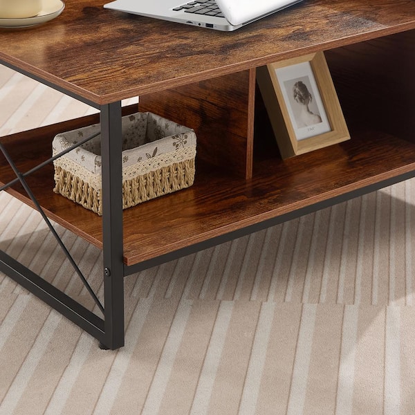 2-Tier Table 39.4 in. Brown Rectangle Wooden Coffee Table with Storage Shelf and Metal Frame for Living Room/Office