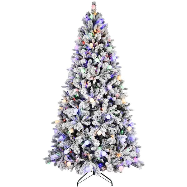 8 ft. Flocked Christmas Tree with 1793 Tips, 470L LED Lights with 10 Lighting Modes, Foot Switch, Stable Metal Stand