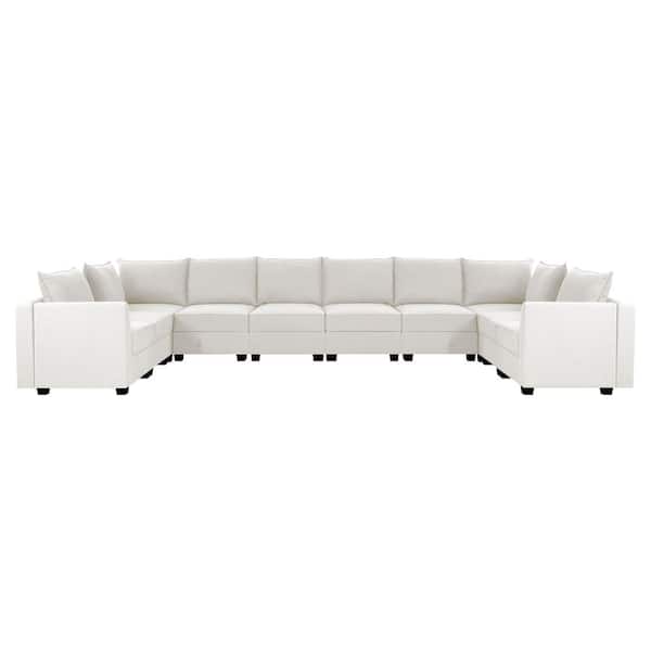 164.38 in. 10-piece Linen U-Shaped Sectional Sofa in. White Down with Contemporary Design