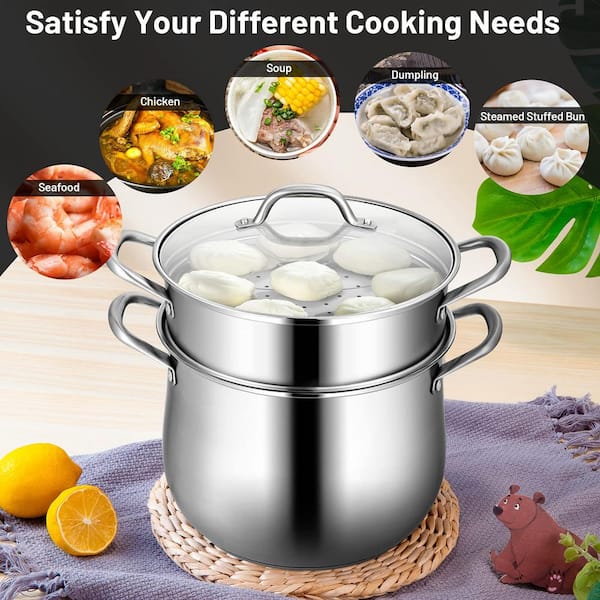 Steamer Pot for Cooking 11.8 Inch Steam Pots with Lid 2-Tier Stainless  Steel Ste