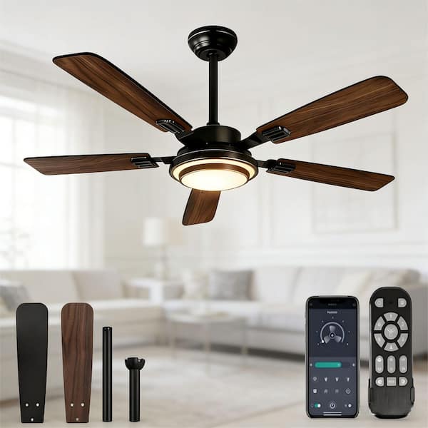 52 in. Indoor/Covered Outdoor Black Reversible Smart Ceiling Fan with Integrated LED and Remote Control