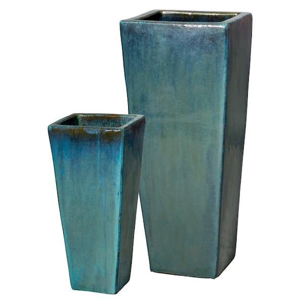 Tall 24in., 35in. H Teal Ceramic Square Planters with Drainage holes (Set of 2)