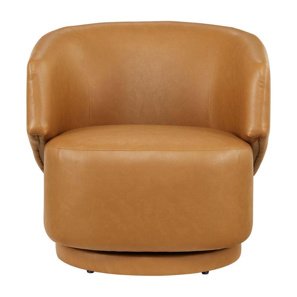 Tan Faux Leather Barrel Swivel Accent Chair with Wood Base