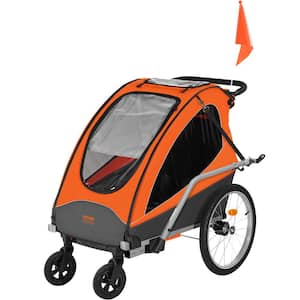 Bike Trailer for Toddlers Kids w/Double Seat 100 lbs. Load 2-In-1 Canopy Carrier Converts to Stroller, Orange and Gray
